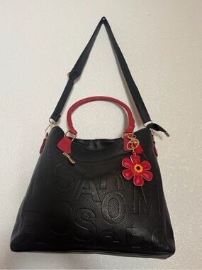 Black Tote Bag/ Purse with Red Handles and Flower Charm included free.
